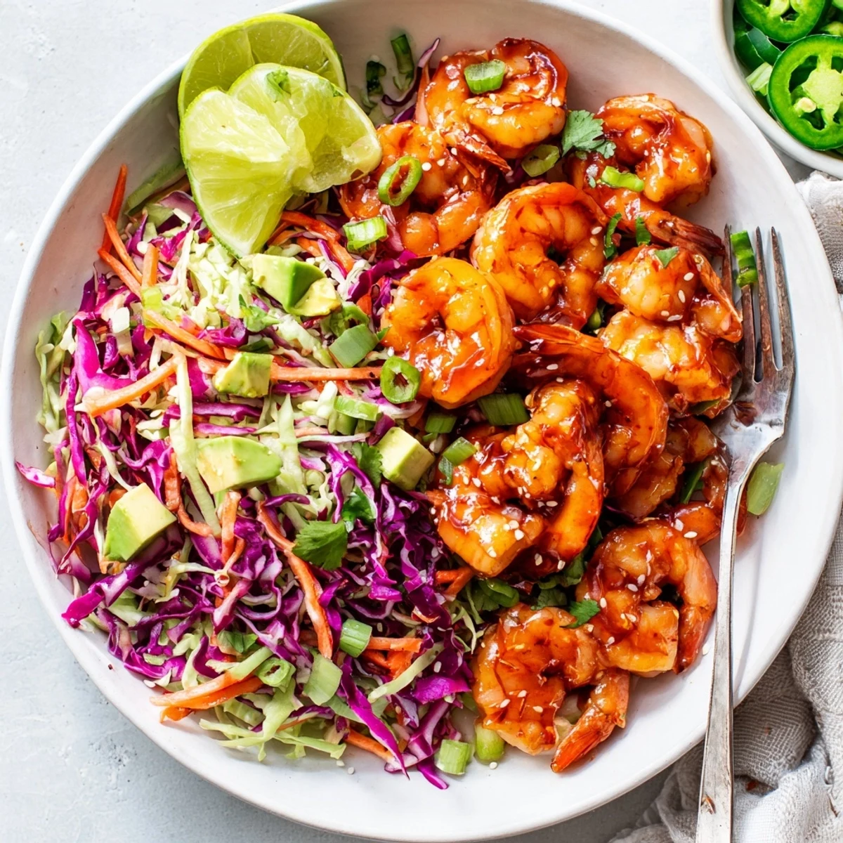 Caramelized spicy pineapple shrimp resting on a bed of crisp colorful lime avocado slaw