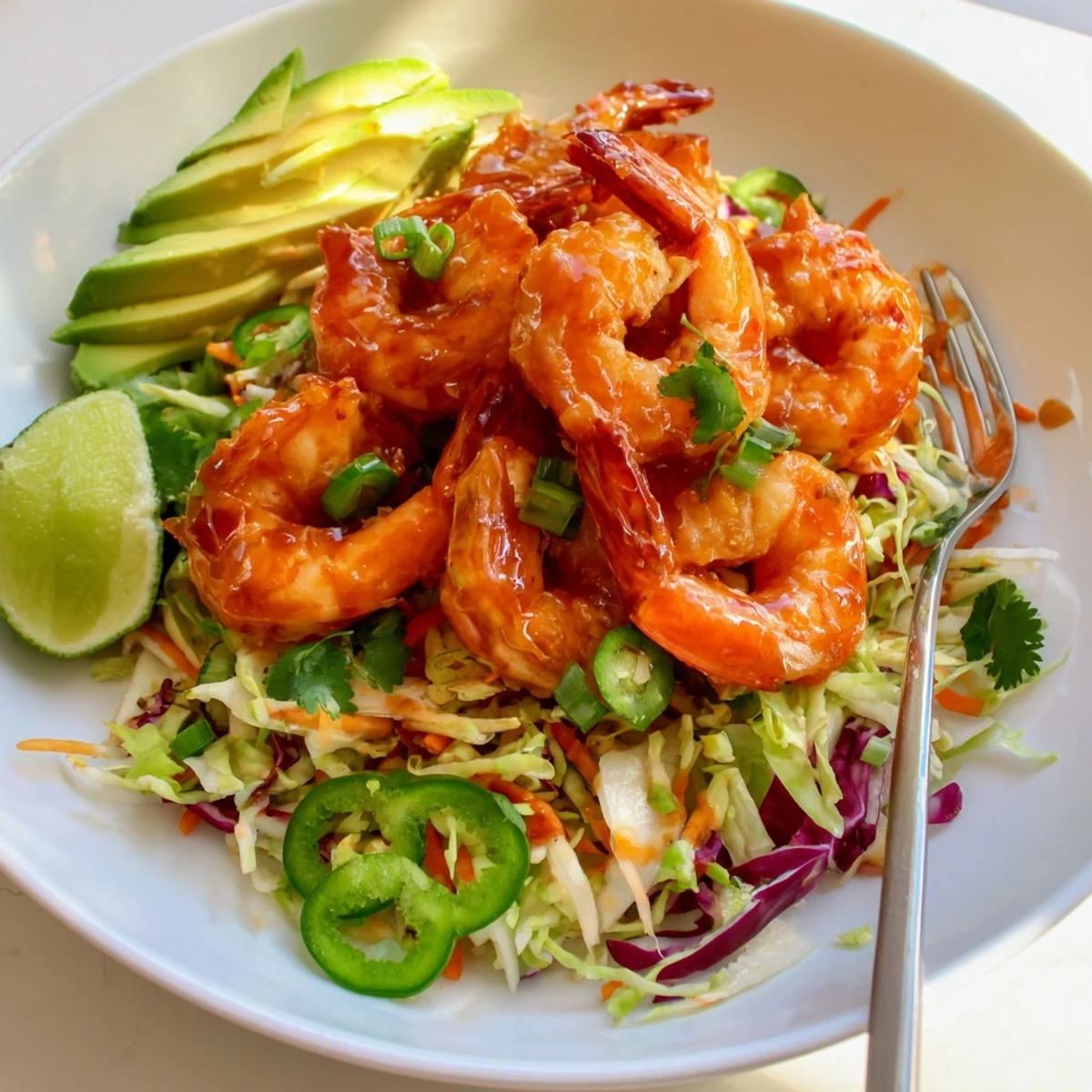 Golden skillet-seared spicy pineapple shrimp served alongside vibrant zesty lime avocado crunch slaw