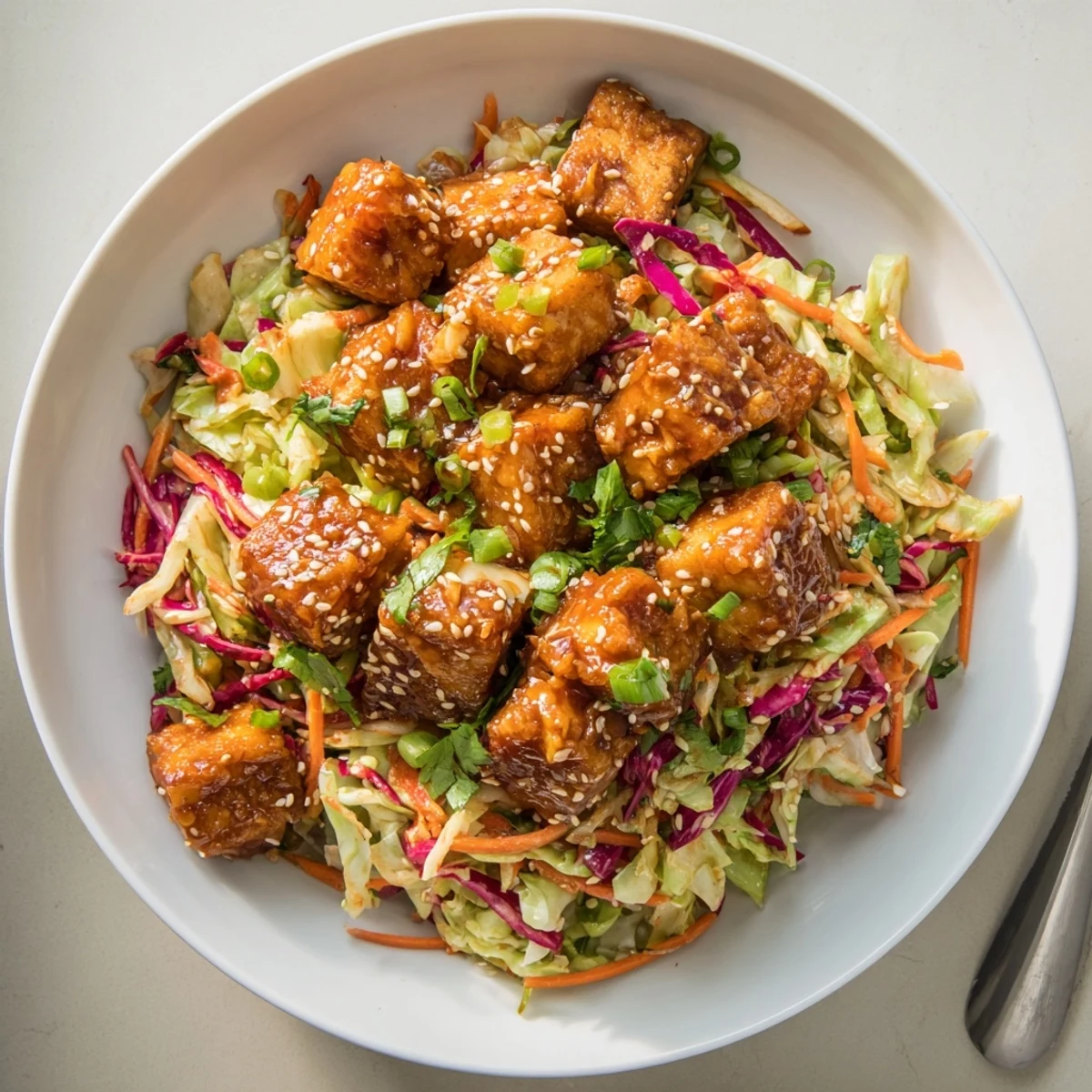 Golden crispy chili sesame tofu gleaming with sticky sauce over vibrant ginger cabbage crunch