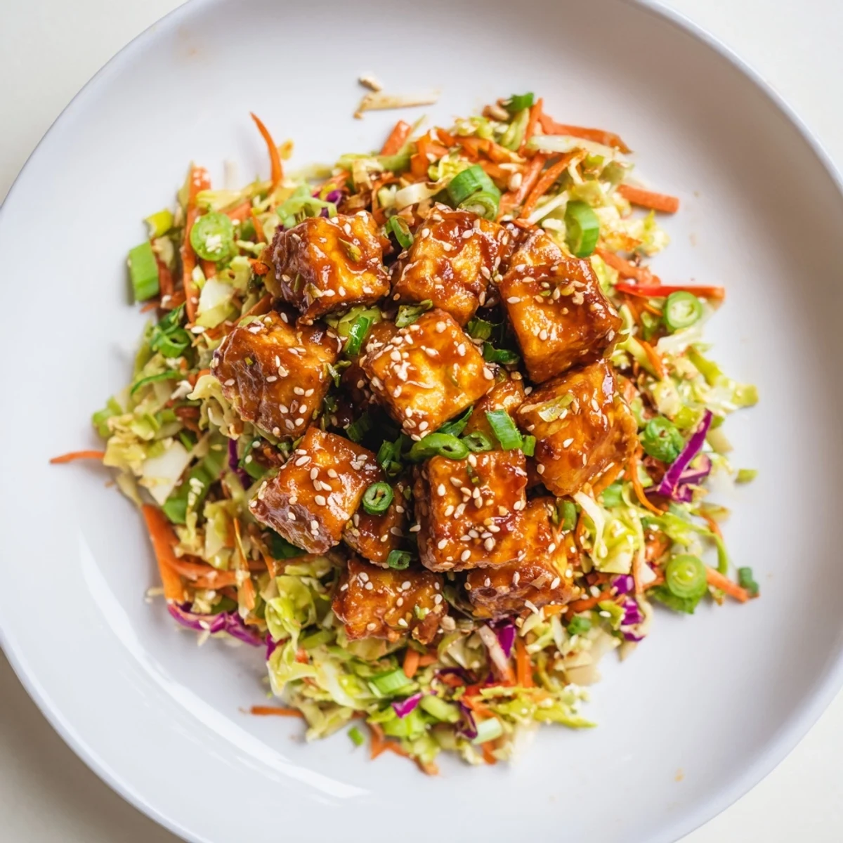 Crispy chili sesame tofu with ginger cabbage crunch served in a white bowl