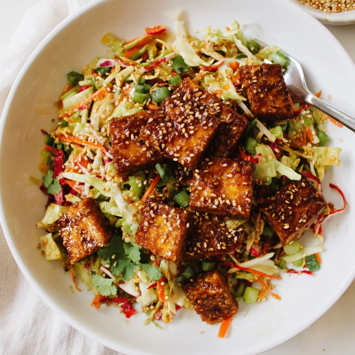 Pan-fried cubes of crispy chili sesame tofu with ginger cabbage crunch and sesame sprinkles