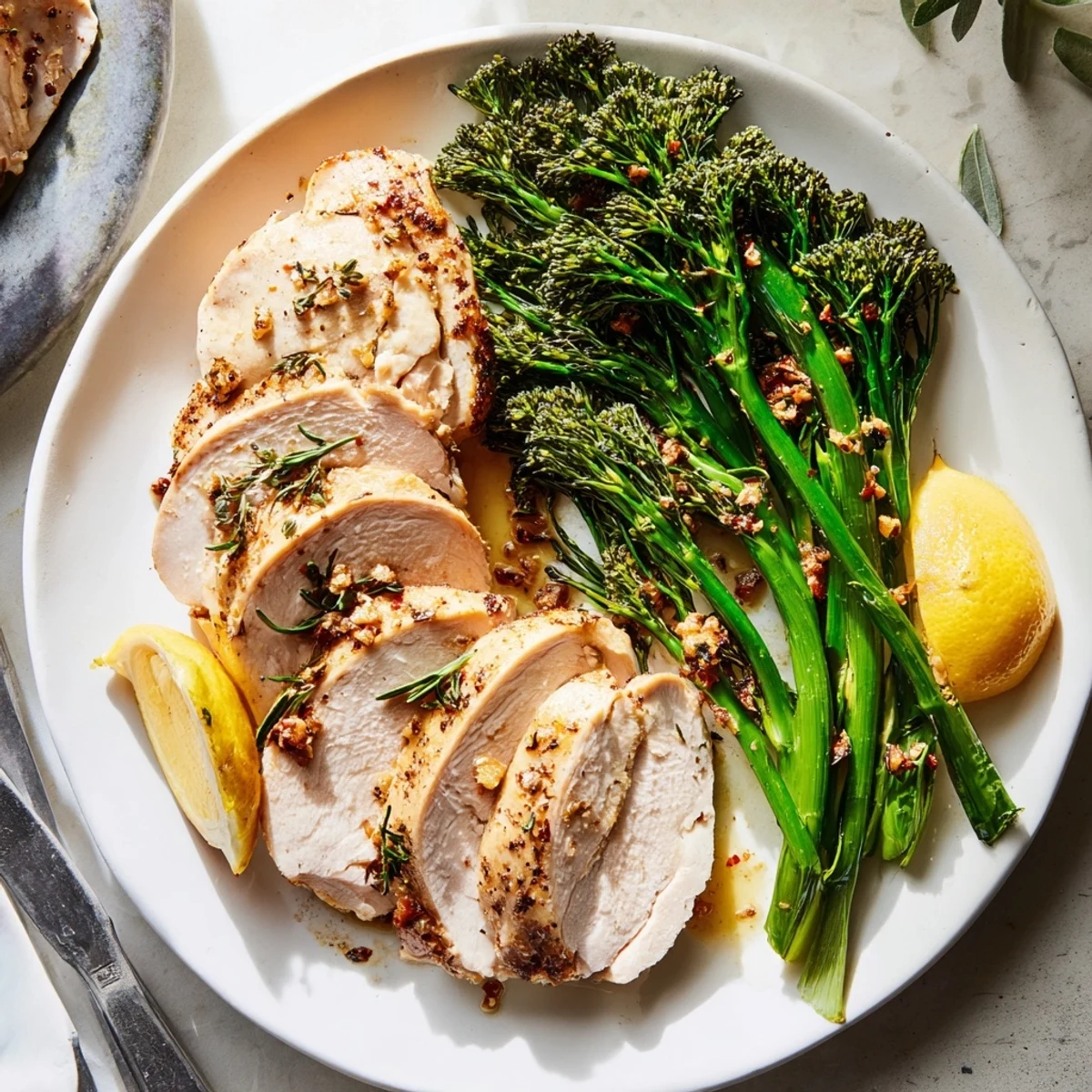 Golden garlic herb chicken with roasted broccolini and fresh lemon wedges on parchment
