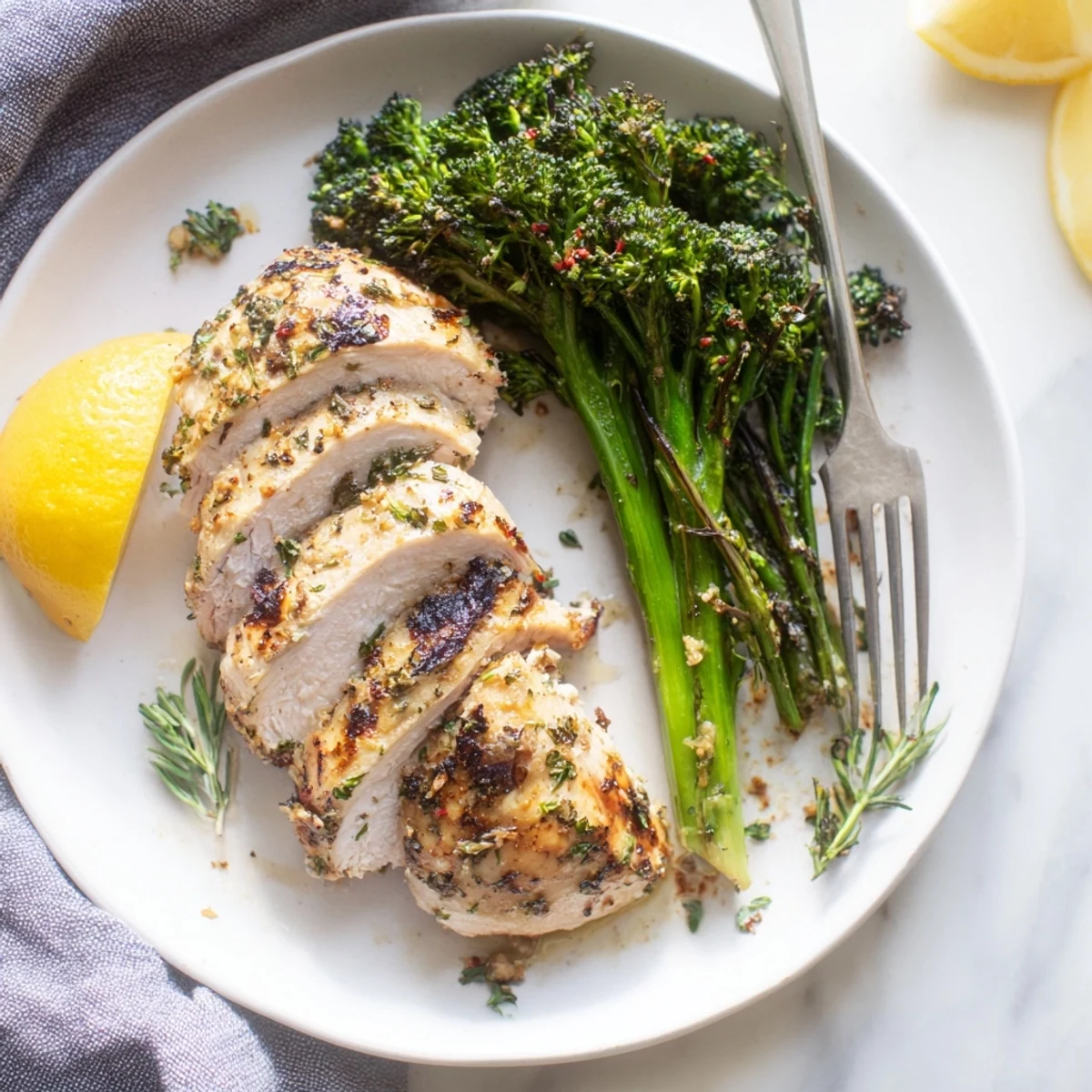 Sizzling garlic herb chicken sliced beside charred broccolini with bright lemon zest