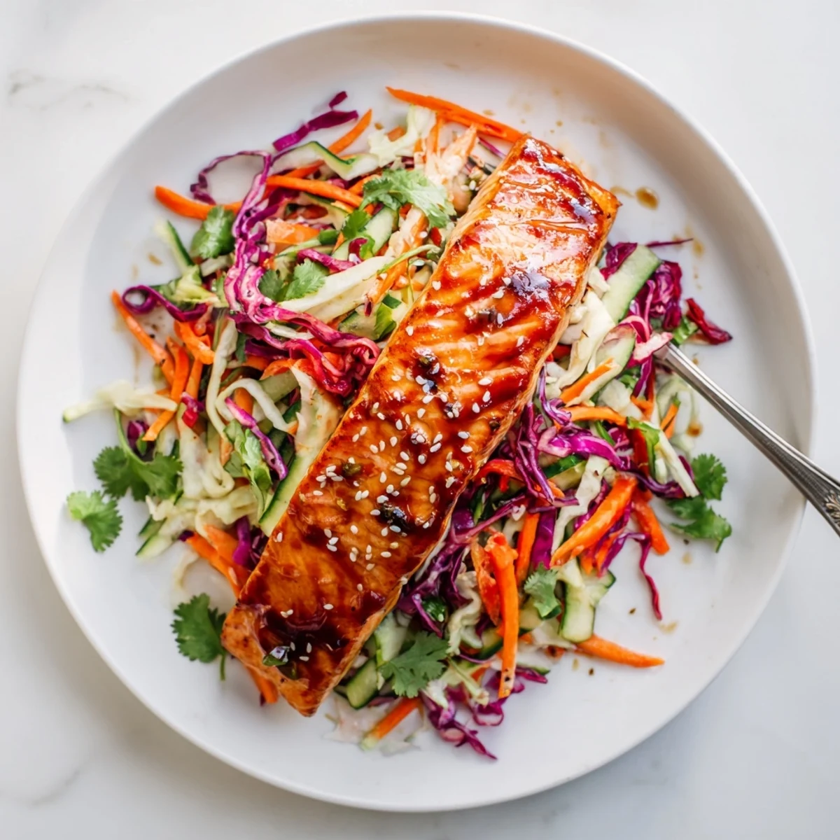 Caramelized Miso Ginger Salmon resting on a bed of colorful crunchy sesame cucumber slaw
