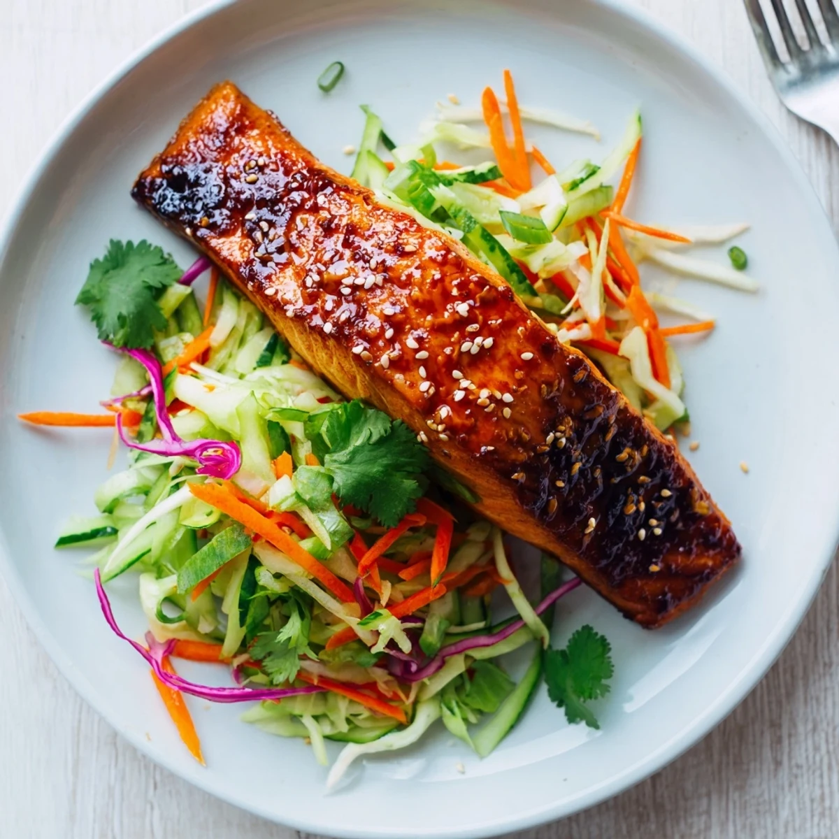 Tender Miso Ginger Salmon with glossy umami glaze plated beside refreshing sesame cucumber slaw