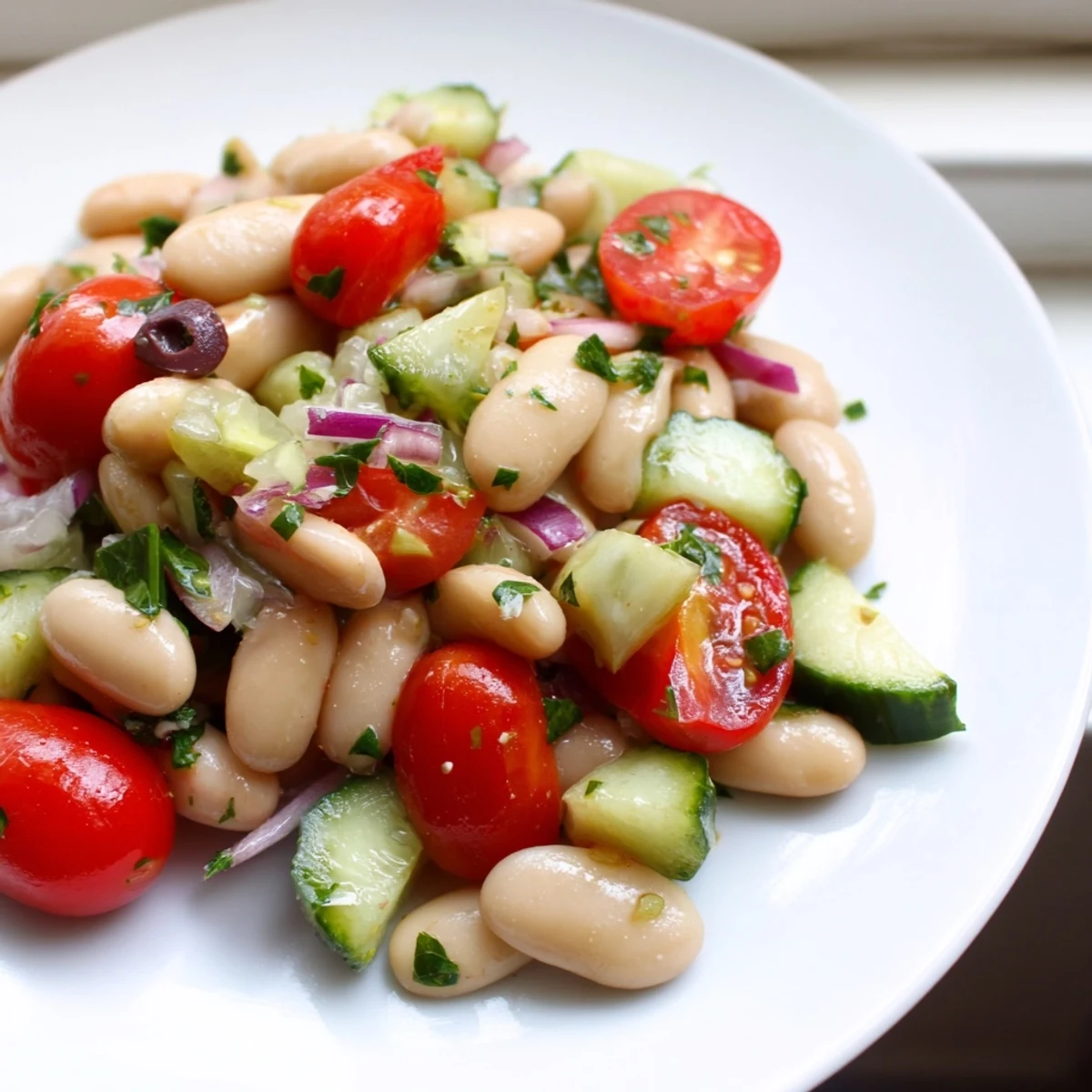 Mediterranean White Bean and Tomato Basil Cucumber Salad glistening with herb vinaigrette in a rustic bowl