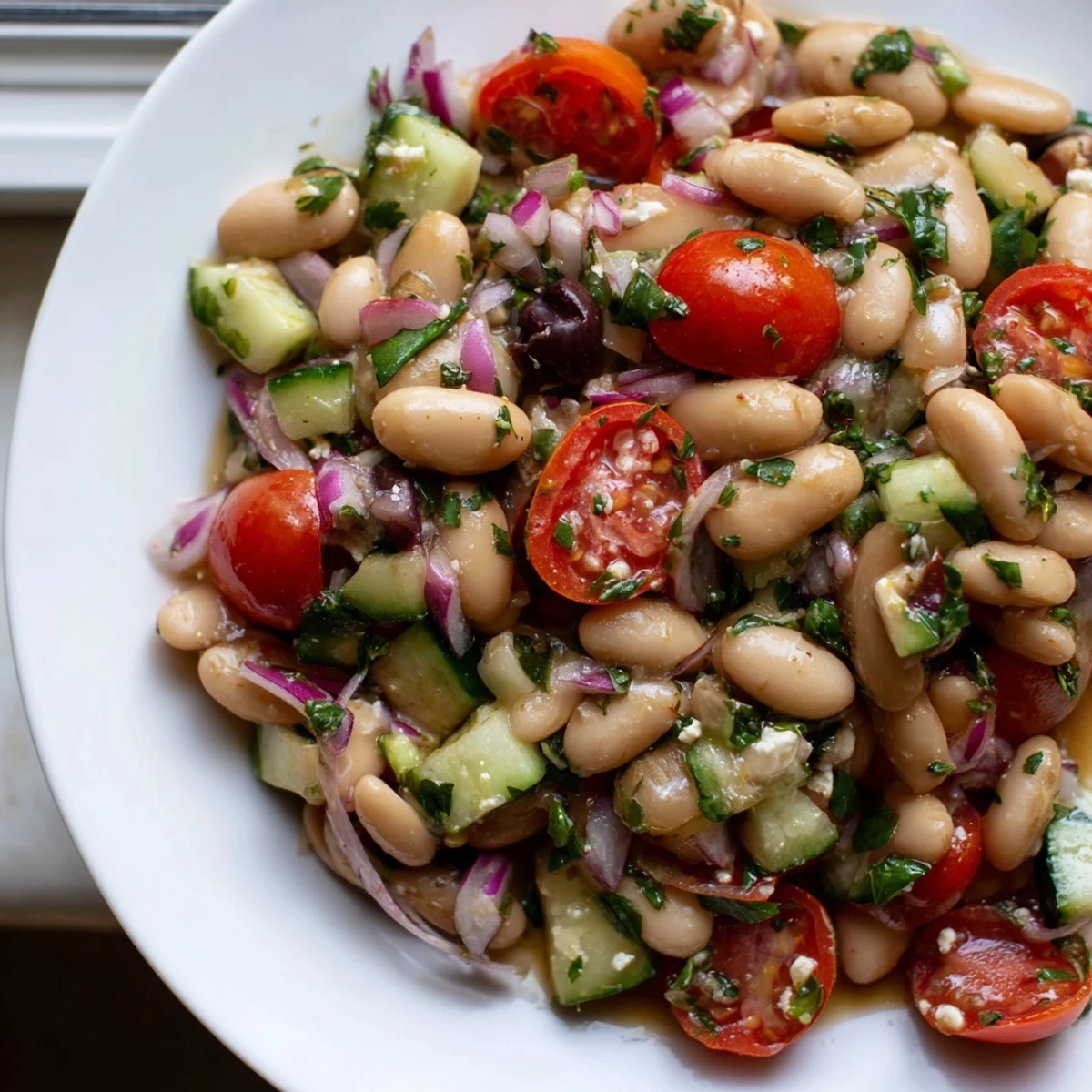 Creamy white beans and ripe tomatoes tumble together in this Mediterranean White Bean and Tomato Basil Cucumber Salad