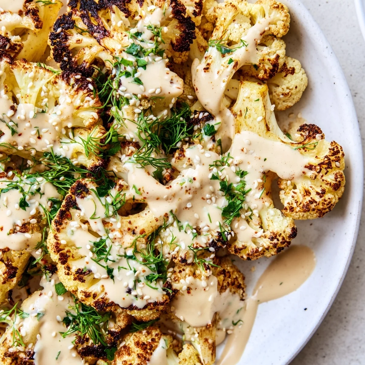 Golden roasted cauliflower with lemon herb tahini drizzle on a rustic serving platter