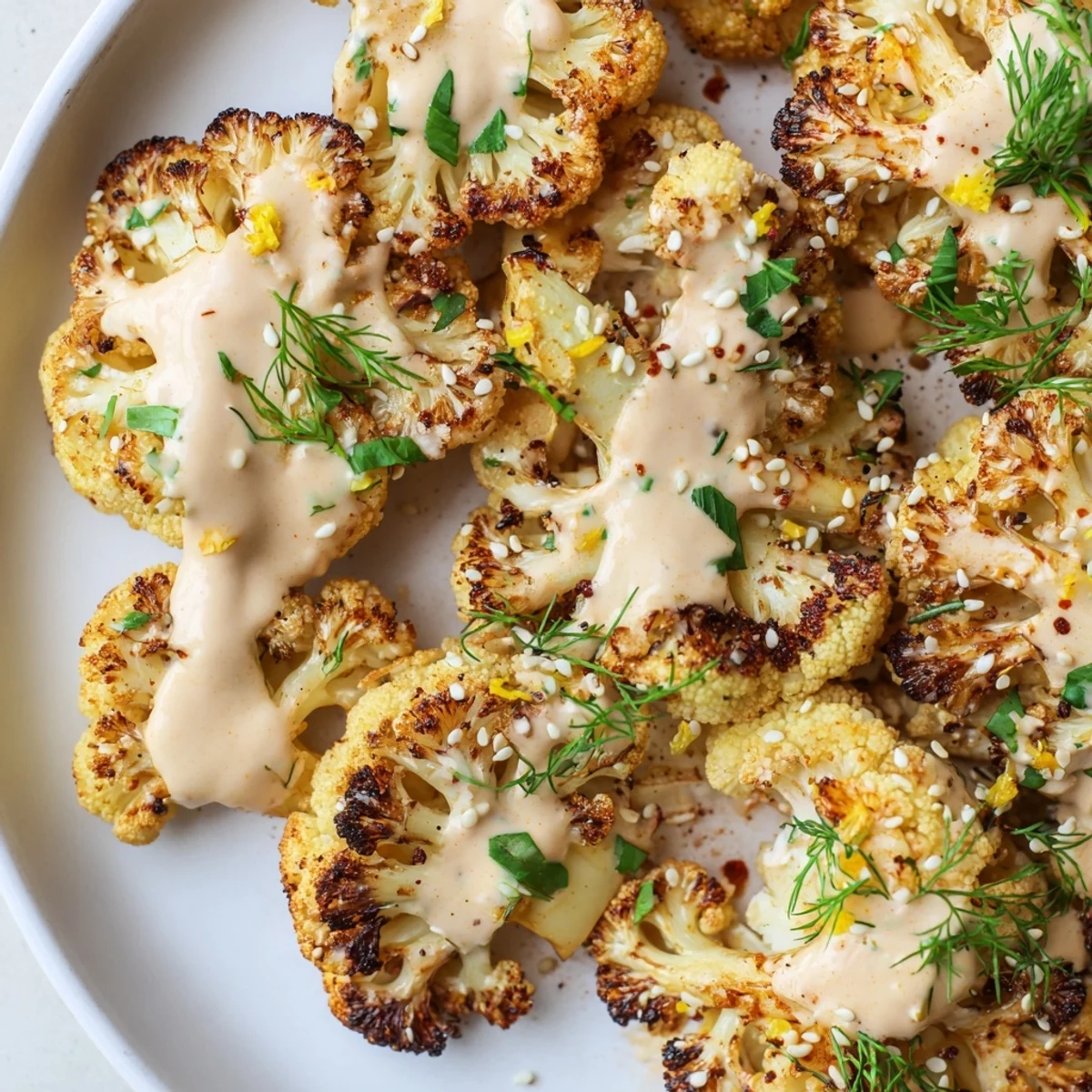 Crispy roasted cauliflower florets topped with creamy lemon herb tahini drizzle and fresh herbs