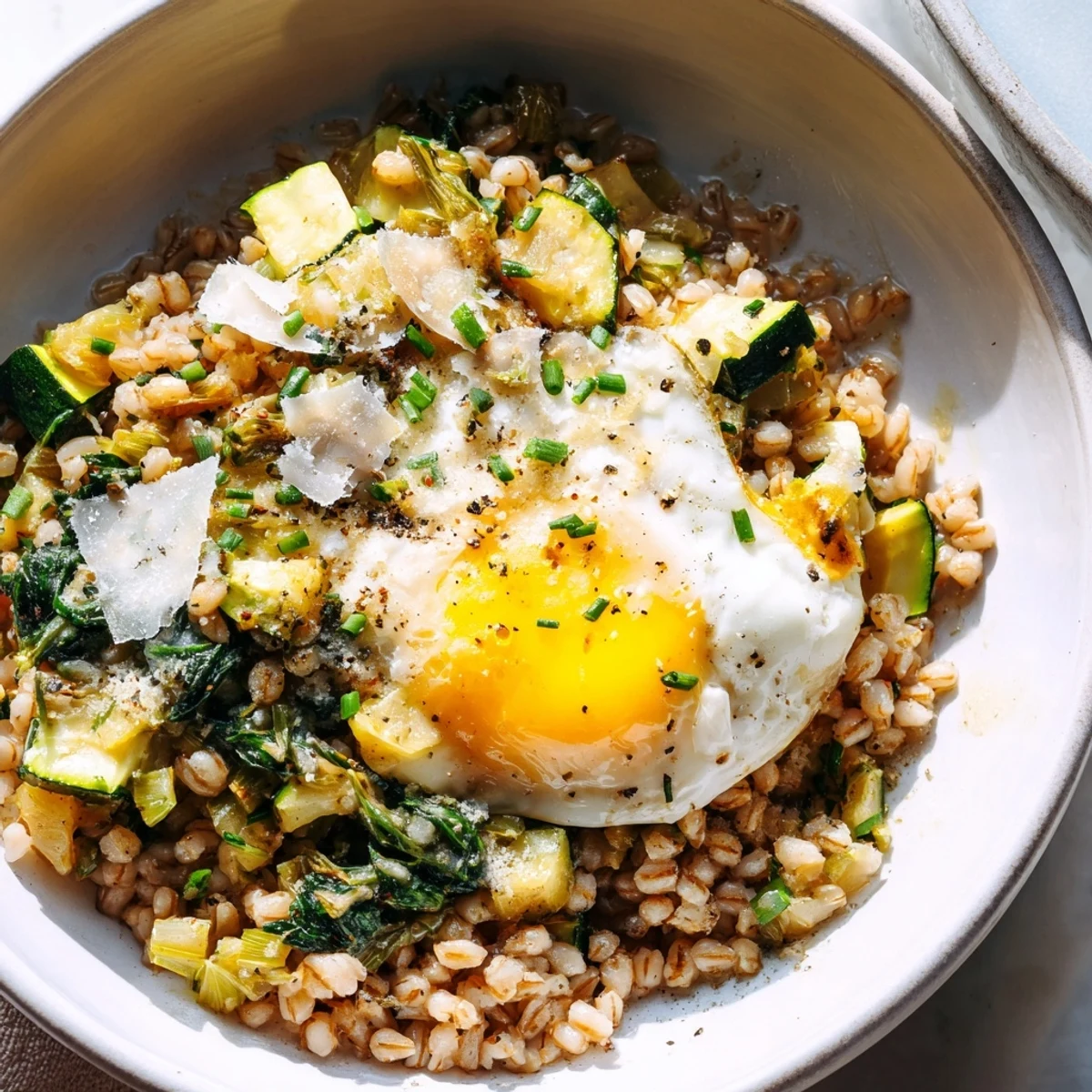 Steaming savory spinach and zucchini barley breakfast bowl topped with a perfectly golden fried egg and grated Parmesan cheese