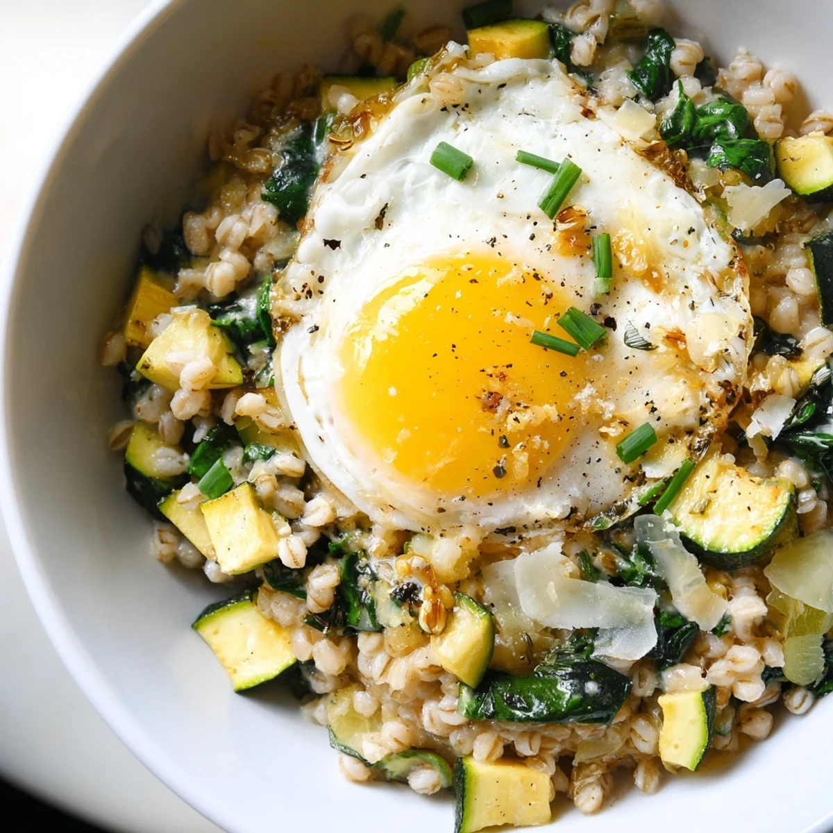 Hearty savory spinach and zucchini barley breakfast bowl in a rustic ceramic dish sprinkled with fresh snipped chives
