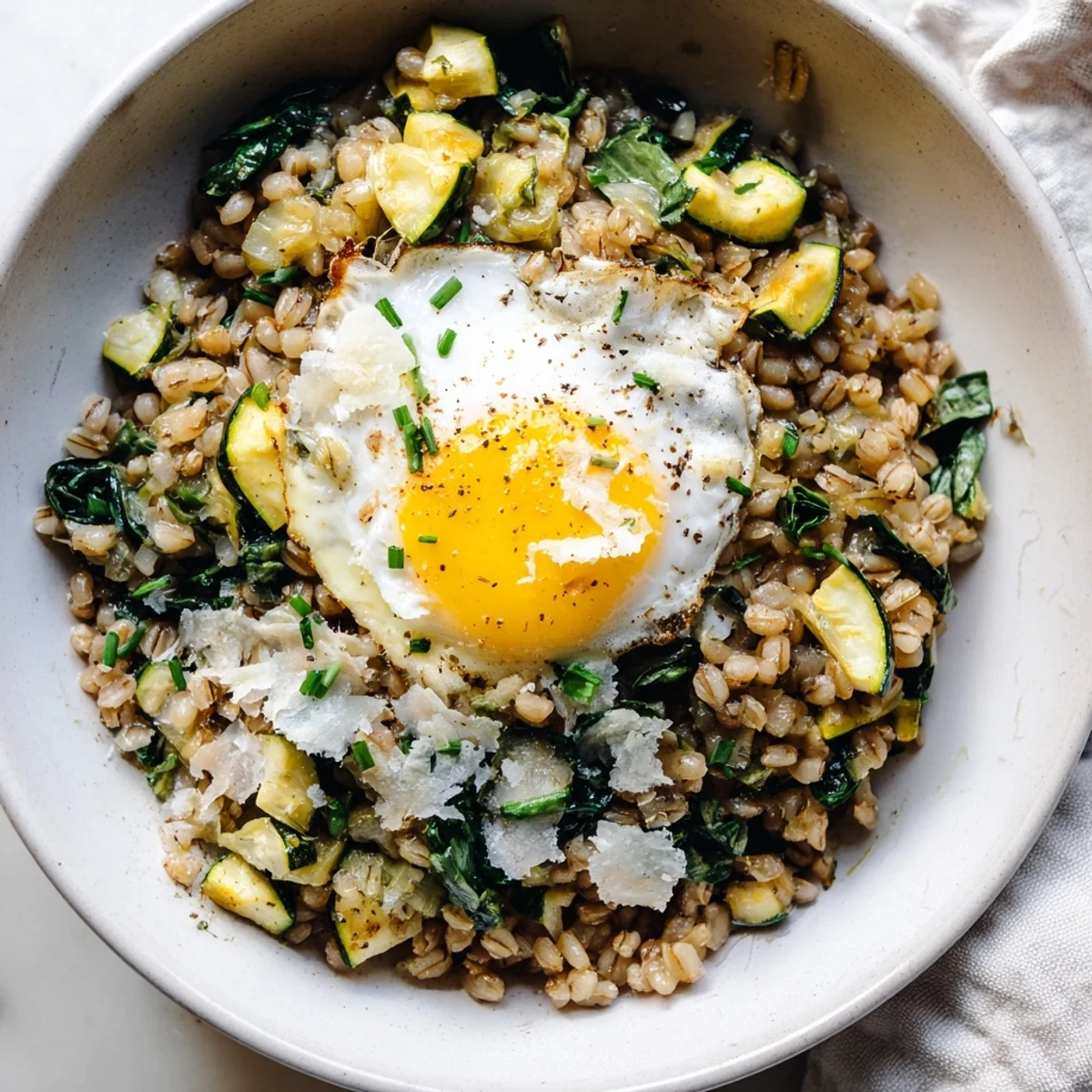 Creamy savory spinach and zucchini barley breakfast bowl loaded with tender sautéed vegetables and finished with cracked black pepper