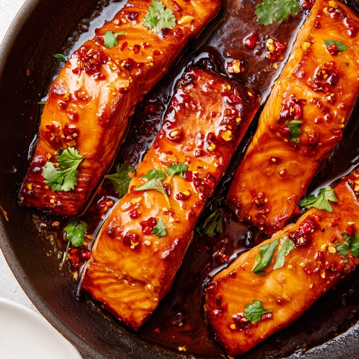 Golden seared honey chili lime salmon skillet glazed and garnished with fresh cilantro