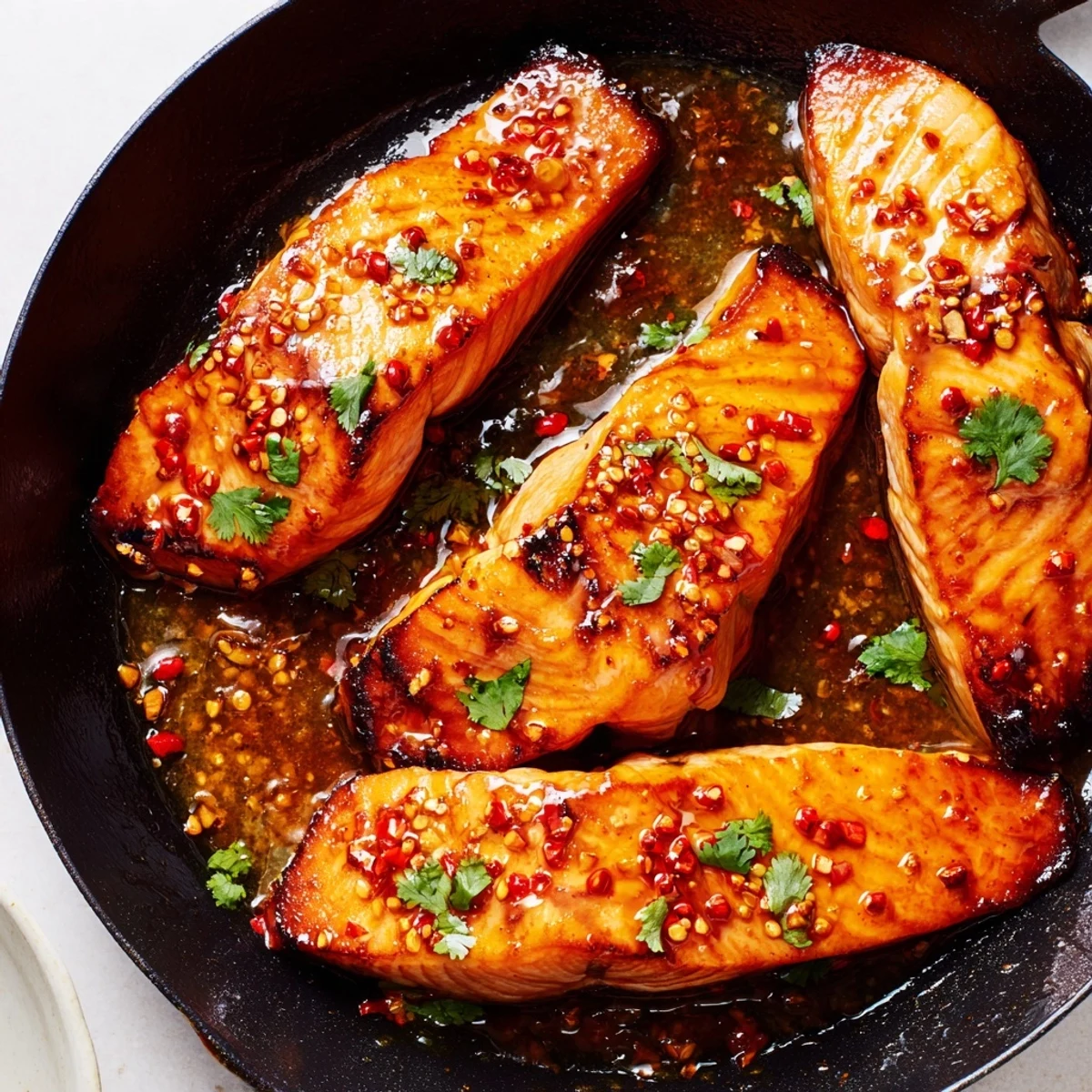 Spicy honey chili lime salmon skillet served with lime wedges and vibrant green cilantro