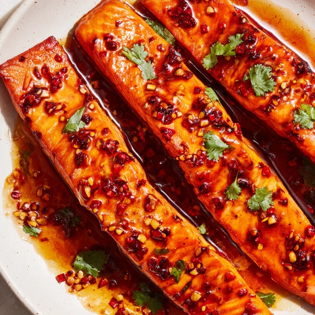 Caramelized honey chili lime salmon skillet resting in a glossy sweet and tangy sauce