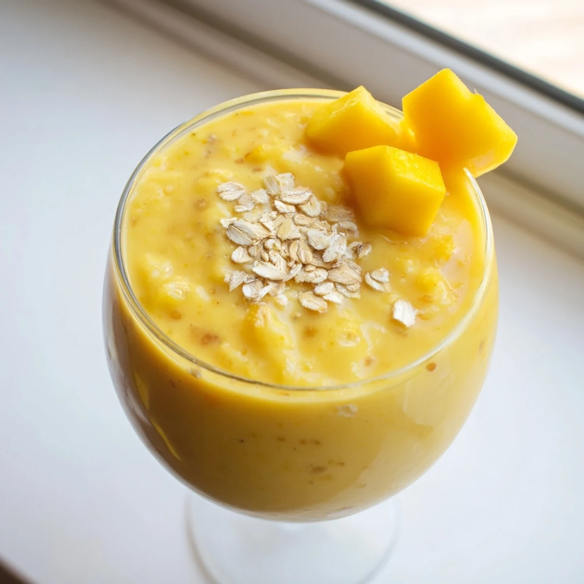 Creamy pineapple mango oat smoothie poured into a glass with tropical fruit garnish