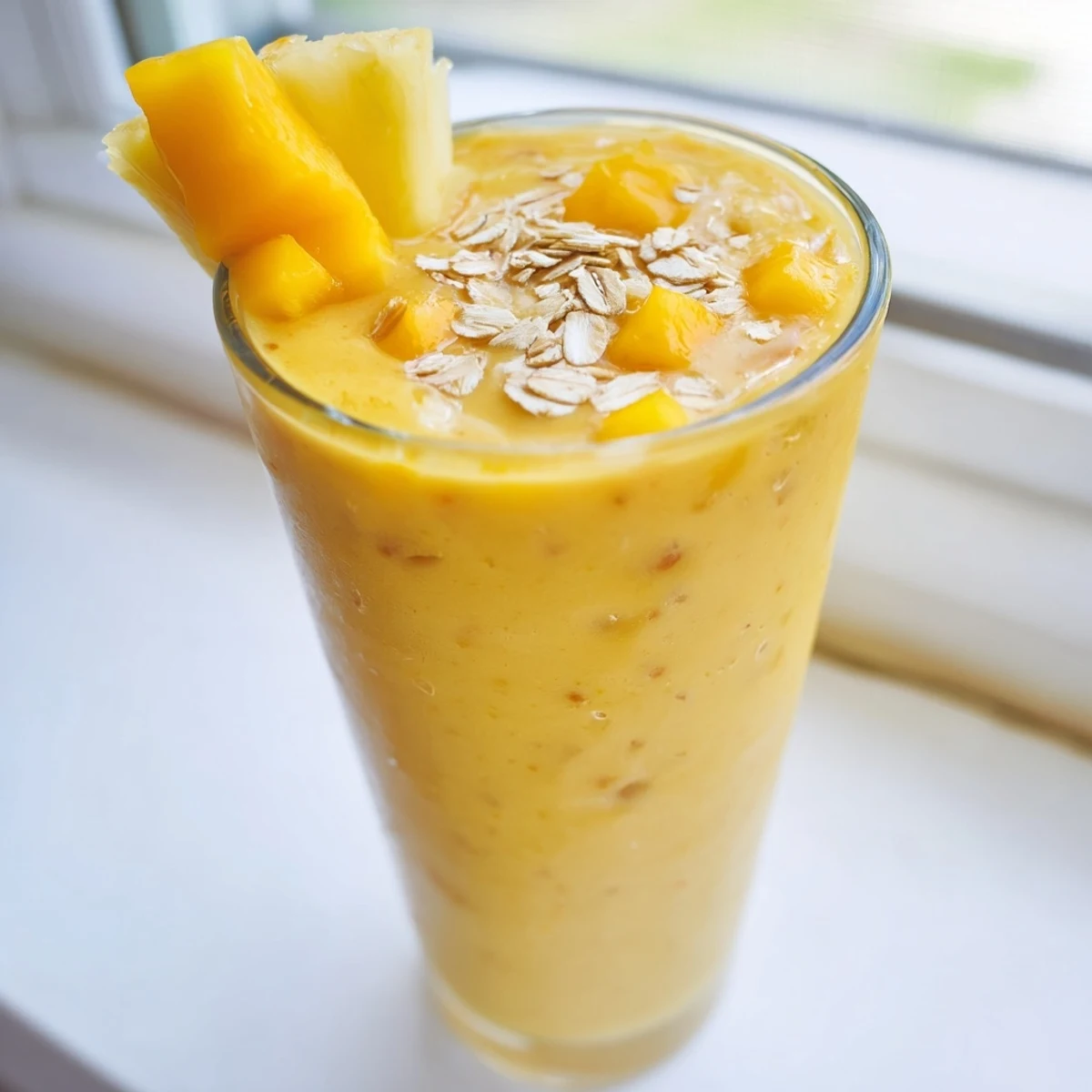 Tropical pineapple mango oat smoothie topped with chia seeds in a sunny kitchen