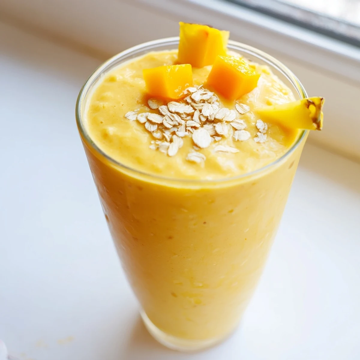 Thick golden pineapple mango oat smoothie served in mason jars for a refreshing breakfast