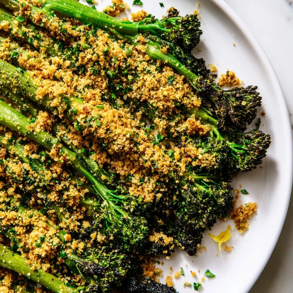 Crispy roasted broccolini with garlic herb crunch on a rustic serving platter