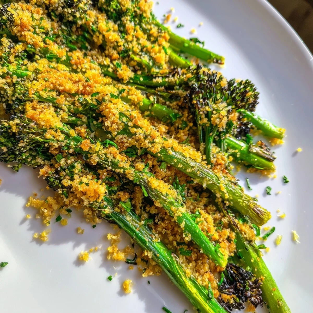 Golden breadcrumb topping over charred roasted broccolini with garlic herb crunch