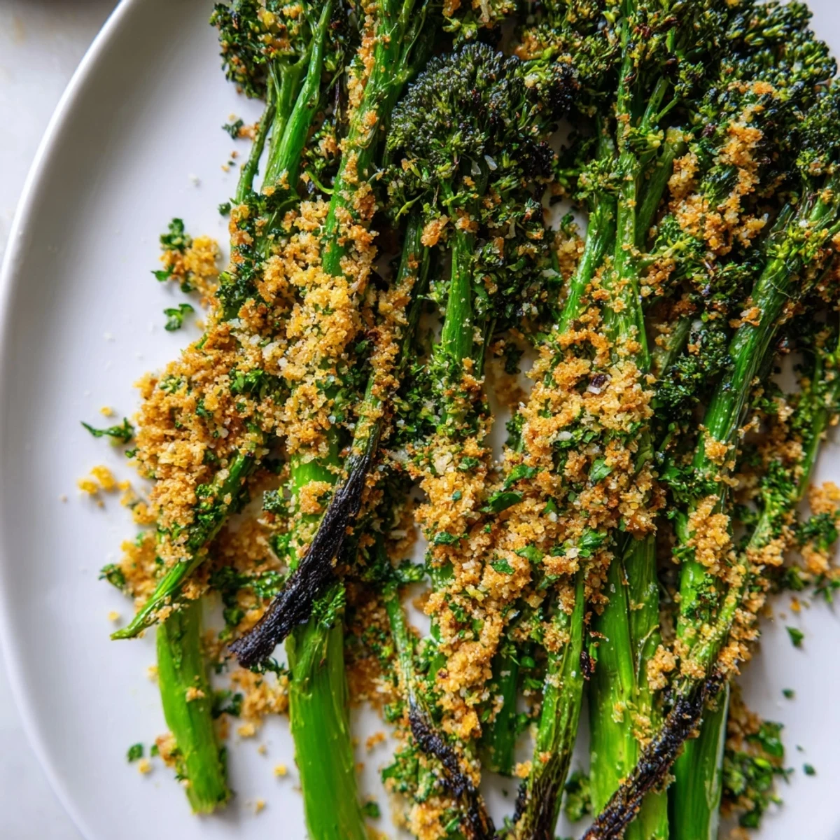 Bright roasted broccolini with garlic herb crunch finished with lemon and Parmesan