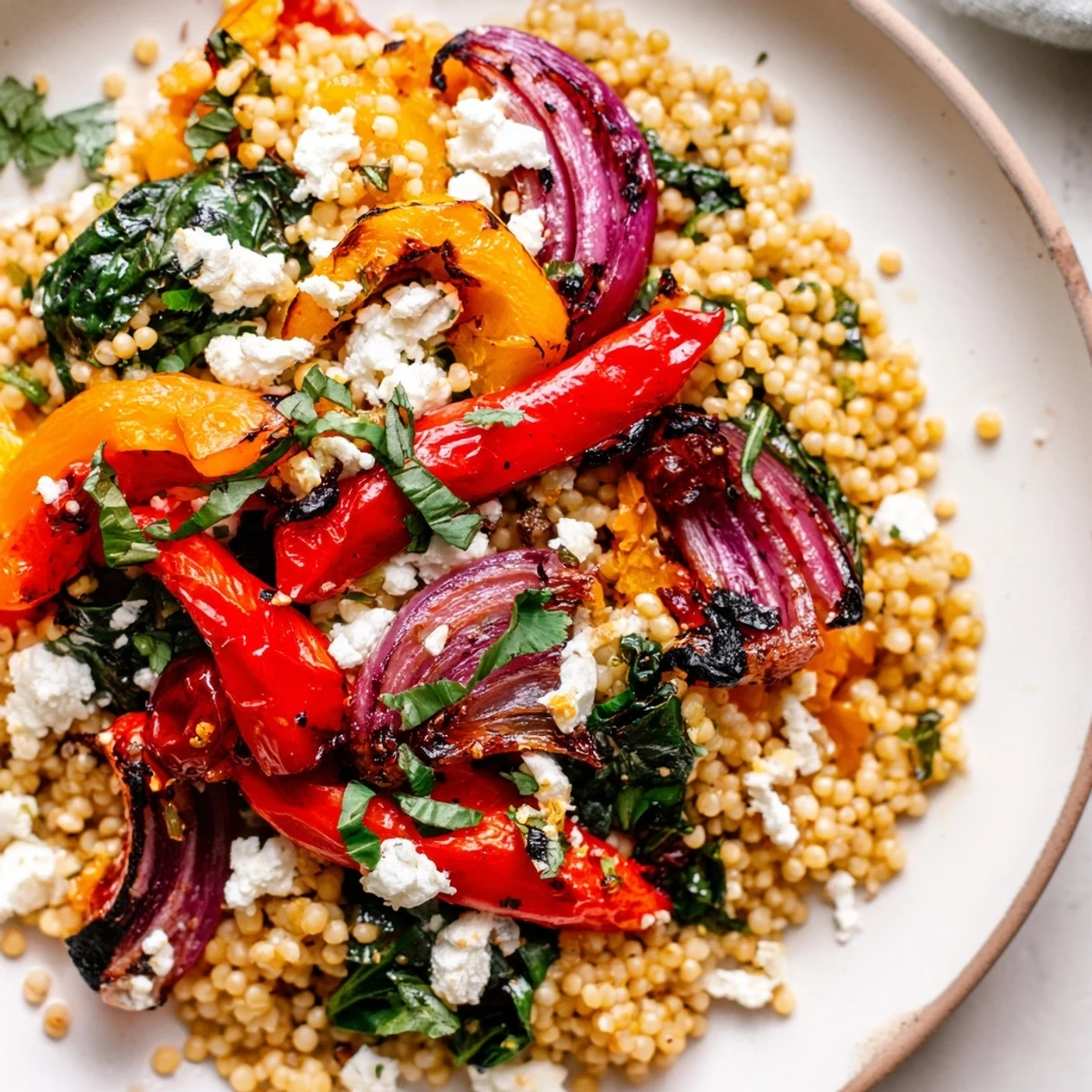 Golden roasted bell peppers and fluffy millet tossed with fresh herbs in a vibrant warm salad