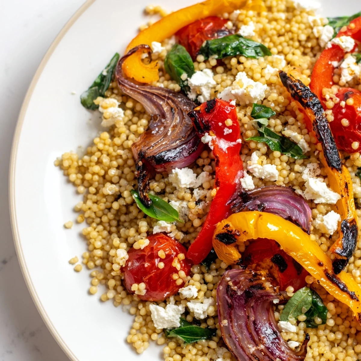 Warm millet and roasted bell pepper salad topped with crumbled feta and baby spinach leaves