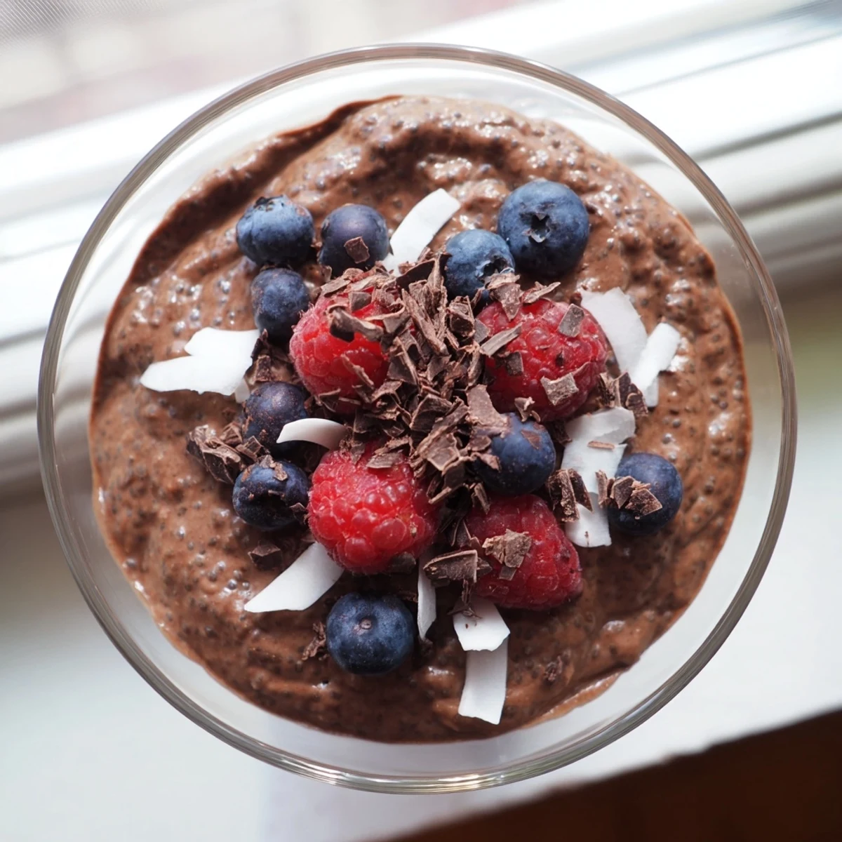 Velvety Cocoa Cashew Coconut Chia Cream topped with fresh berries and toasted coconut in a glass jar