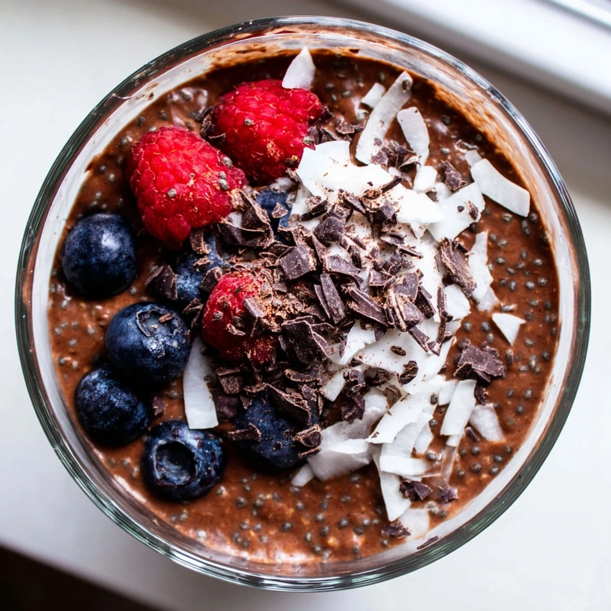 Creamy chocolate Cocoa Cashew Coconut Chia Cream served in ramekins with dark chocolate shavings on top
