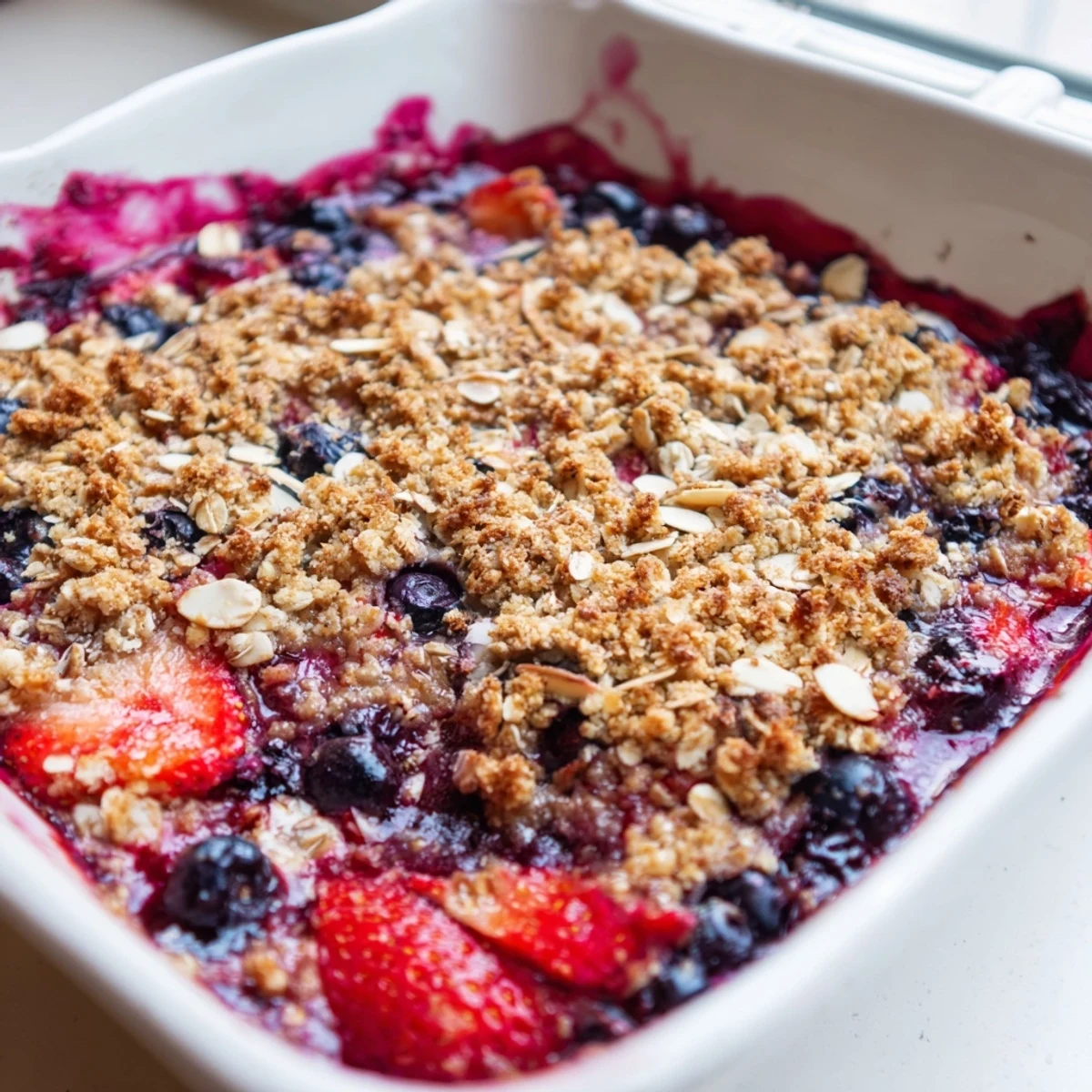 Golden almond vanilla berry bake with bubbling berries served warm in a rustic dish