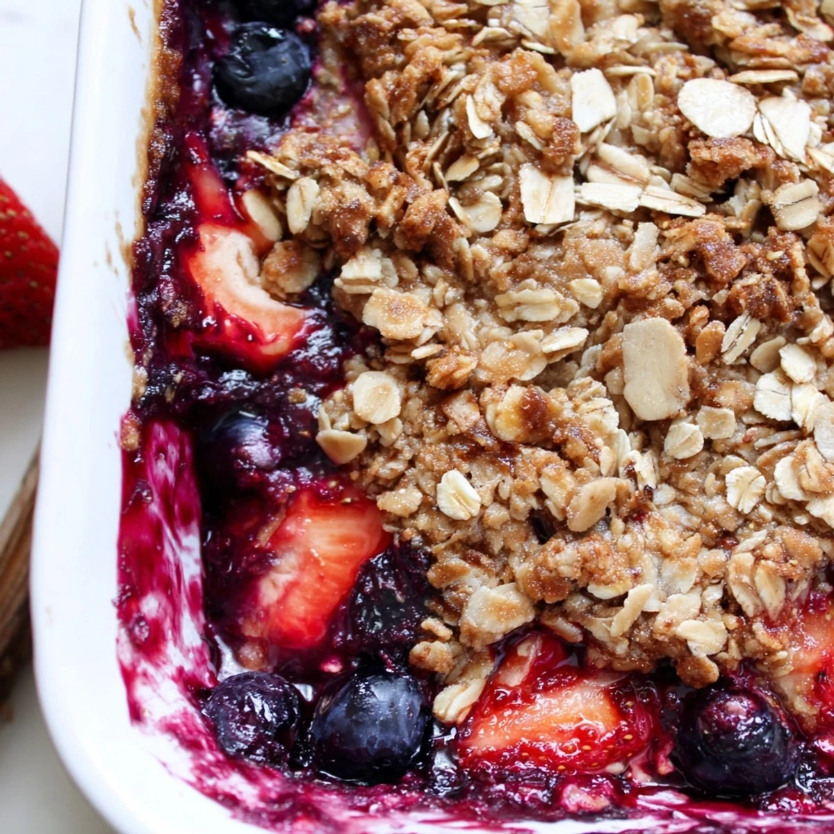 Vanilla almond berry bake topped with crunchy oats and served alongside creamy vanilla ice cream