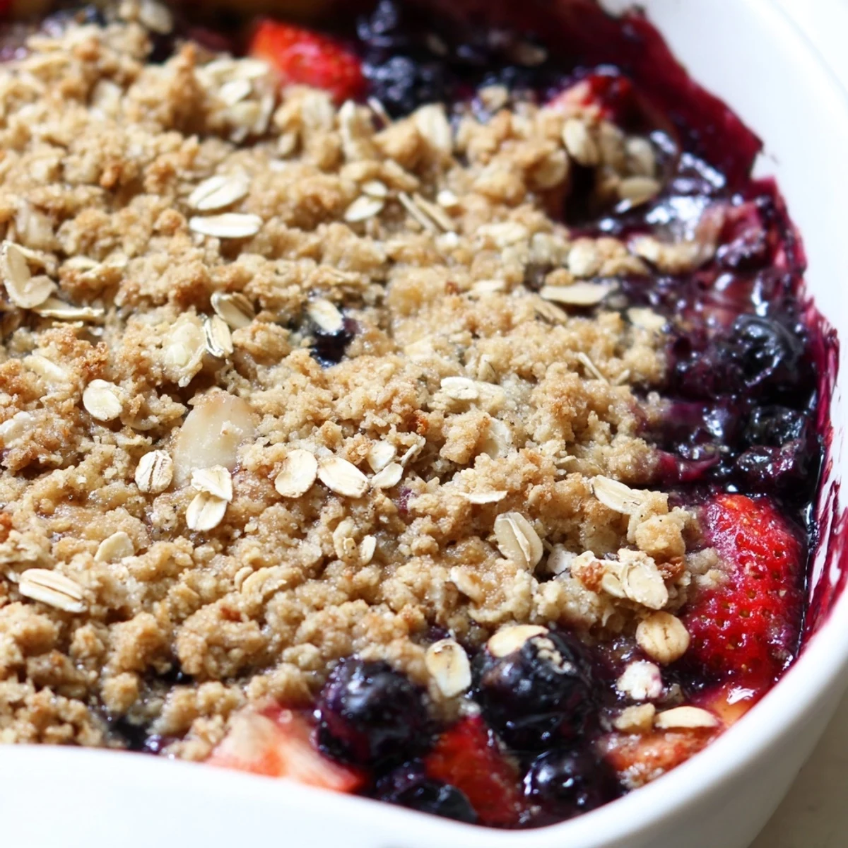 Steaming scoop of vanilla almond berry bake revealing juicy berries under a golden crumbly topping