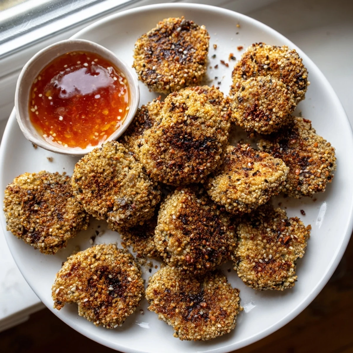 Golden crispy chili sesame chickpea nuggets arranged on a rustic serving plate with dipping sauce nearby