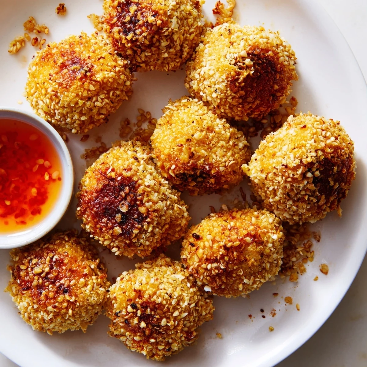 Crunchy sesame-crusted chickpea nuggets sizzling fresh from the skillet, coated in a spiced golden breadcrumb crust