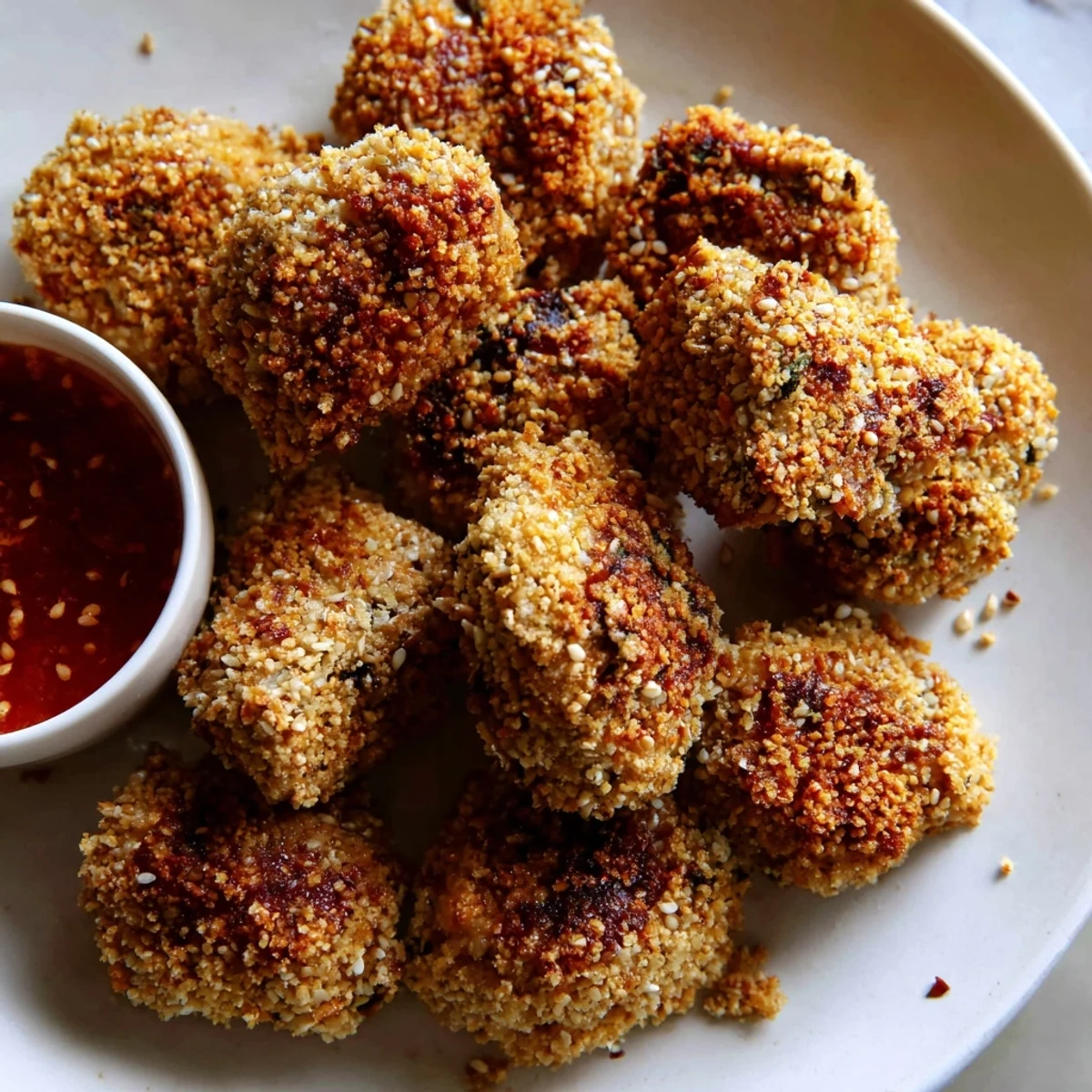 Bite-sized crispy chili sesame chickpea nuggets piled in a bowl, garnished with fresh parsley and sesame seeds