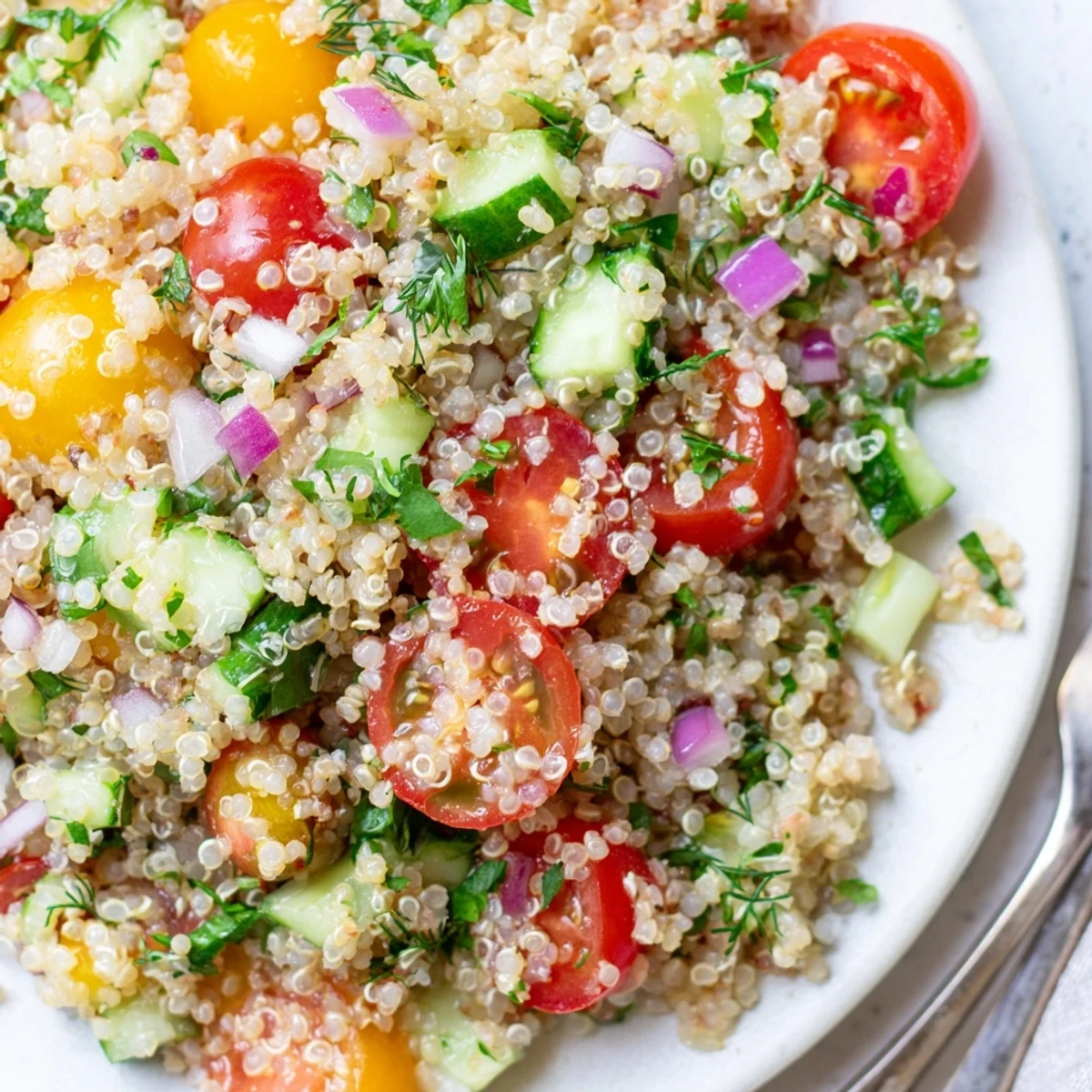 Bright citrus herb quinoa and tomato salad served in a rustic white bowl