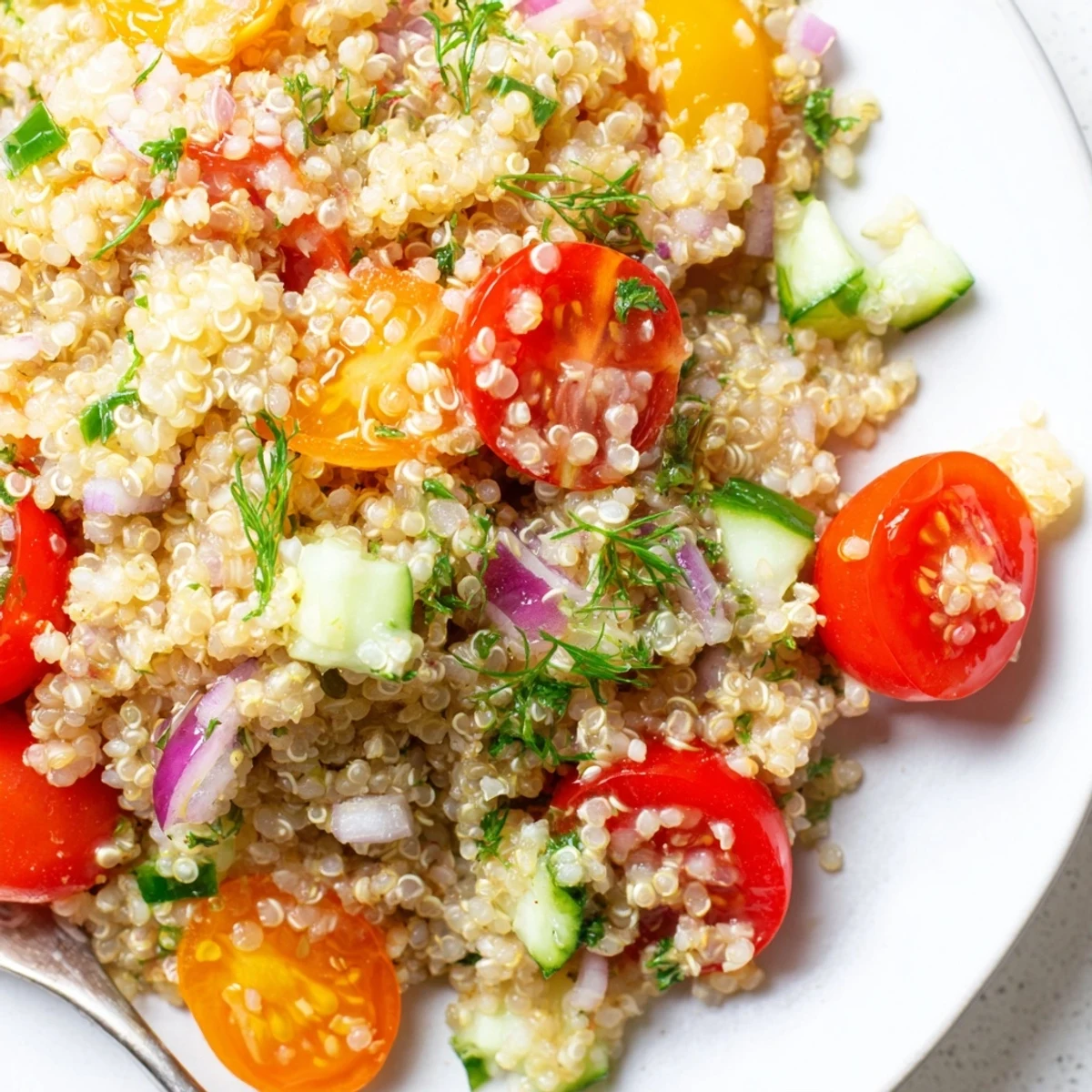 Fluffy citrus herb quinoa and tomato salad topped with fresh parsley and mint