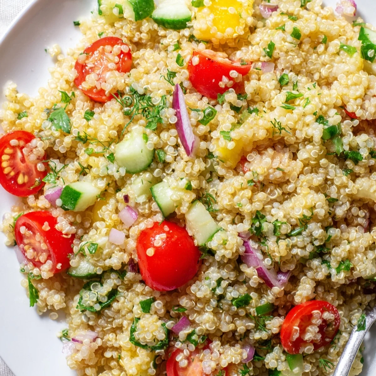 Colorful citrus herb quinoa and tomato salad drizzled with tangy lemon orange dressing