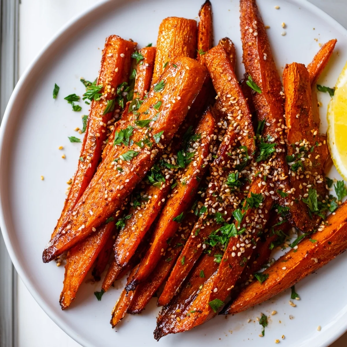 Smoky roasted carrot spears with caramelized edges on a parchment-lined baking sheet