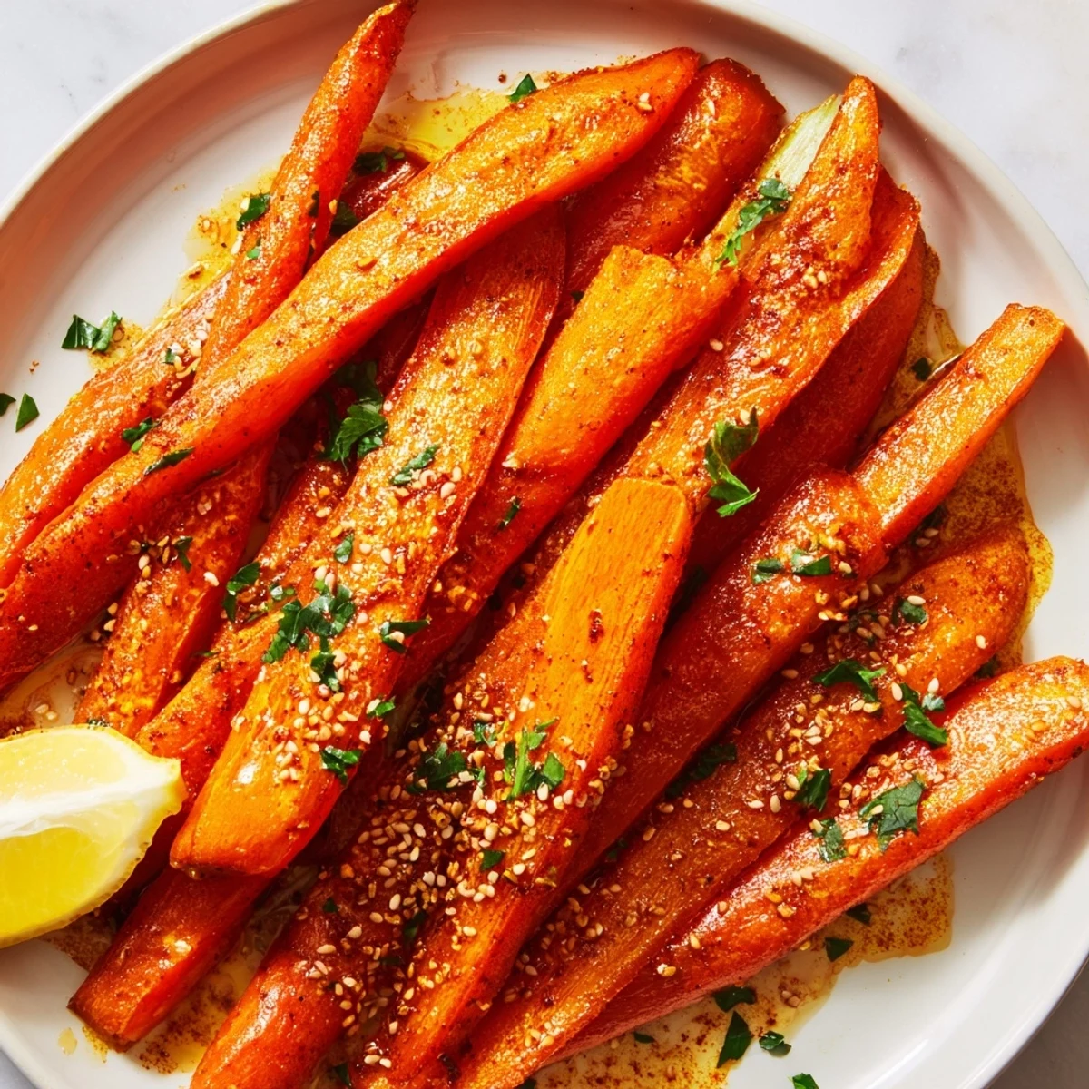 Tender smoky roasted carrot spears garnished with fresh parsley and sesame seeds