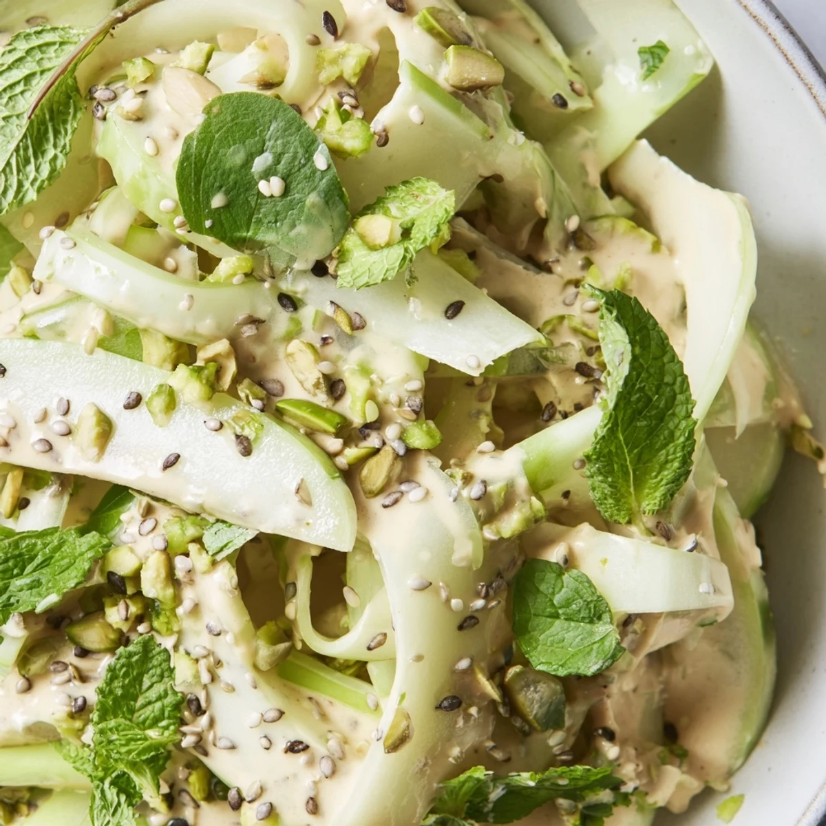 A vibrant cucumber apple pistachio salad drizzled with creamy sesame dressing in a wooden bowl