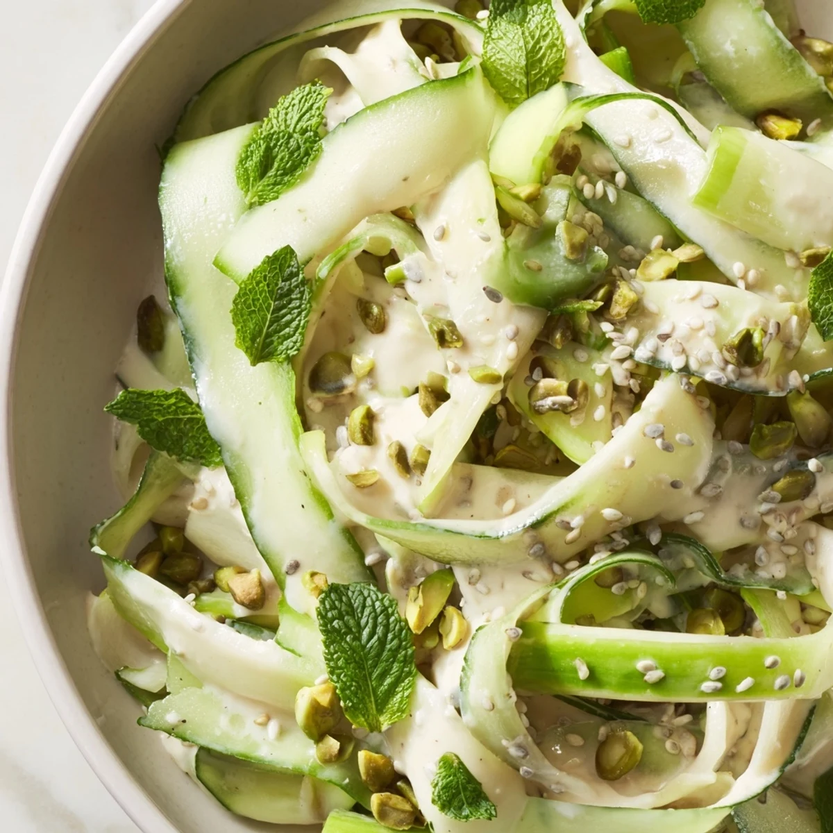 Thin ribbons of cucumber and apple tossed with pistachios and fresh herbs in sesame dressing