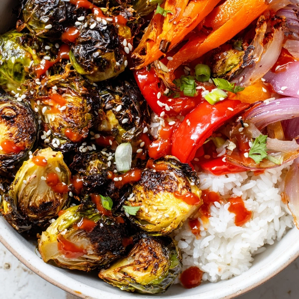 Golden roasted vegetables piled high in a spicy chili crisp Brussels sprout veggie bowl with scallions