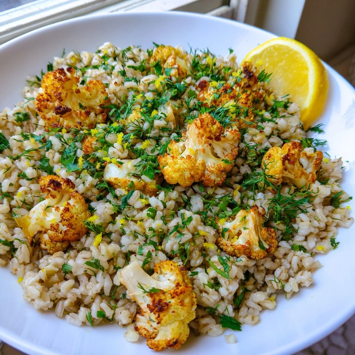 Golden roasted cauliflower crowns nestled atop a bed of garlic lemon herb brown rice