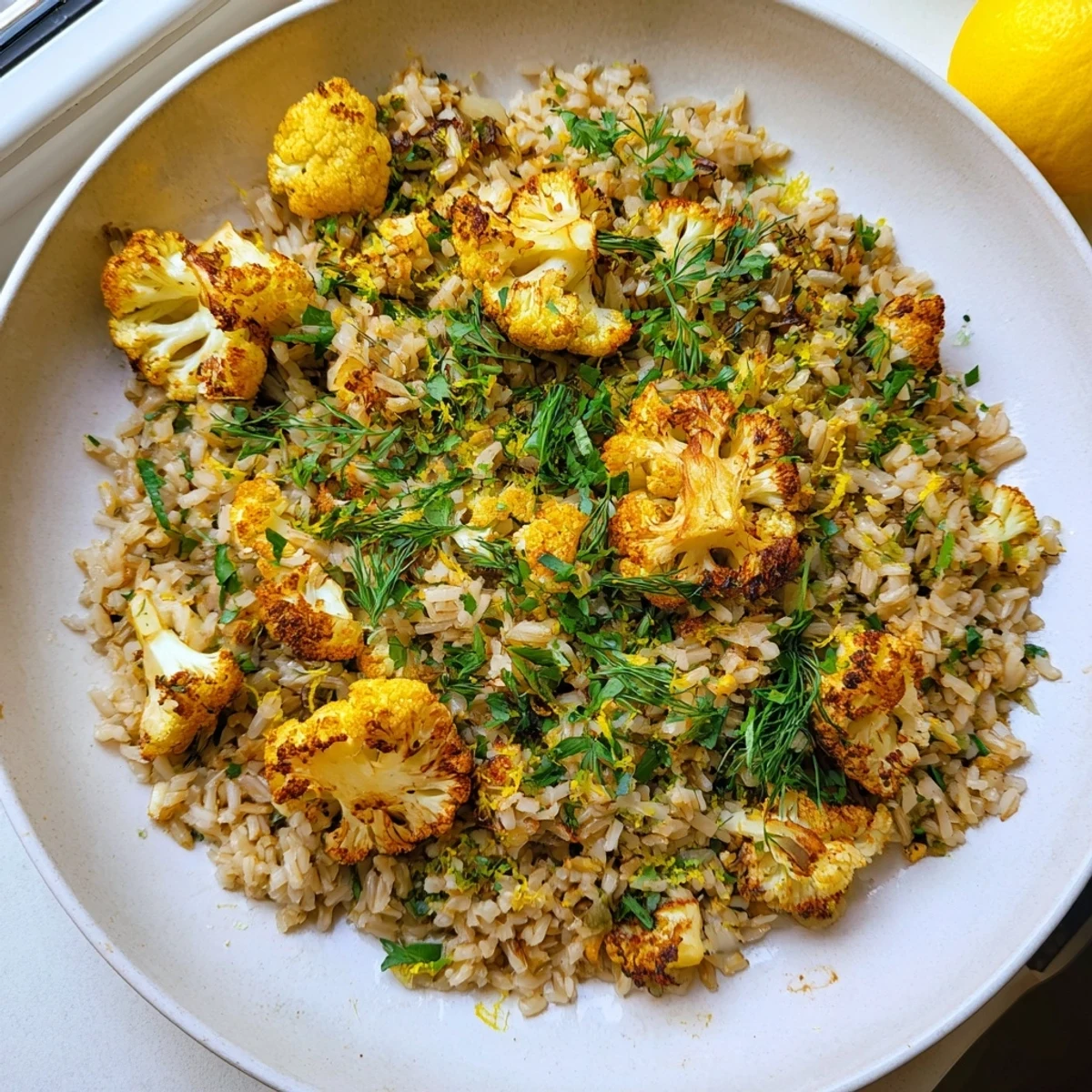 Fluffy garlic lemon herb brown rice topped with caramelized paprika roasted cauliflower and fresh parsley