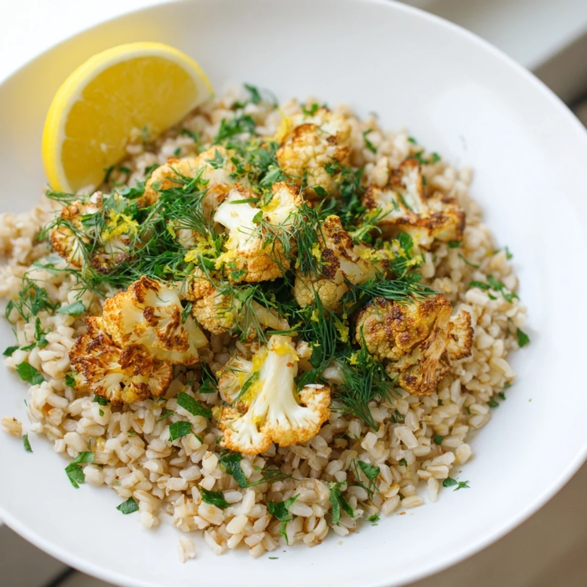 Steaming bowl of garlic lemon herb brown rice with tender roasted cauliflower and bright lemon wedges