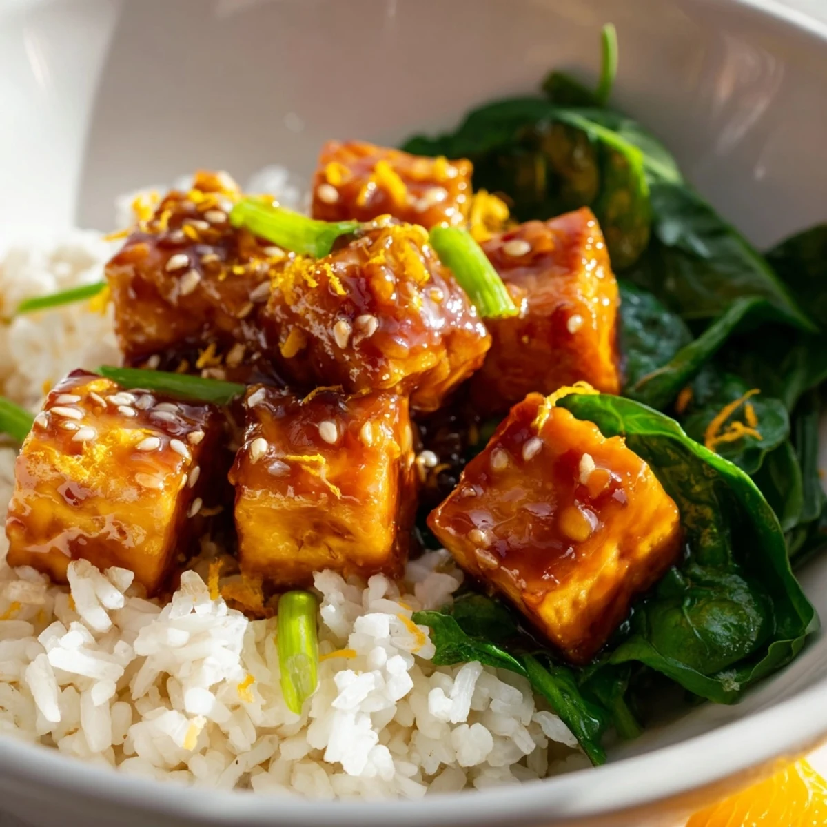 Crispy golden tofu cubes coated in sticky orange ginger glaze served over fluffy jasmine rice with sesame greens in a vibrant vegan bowl