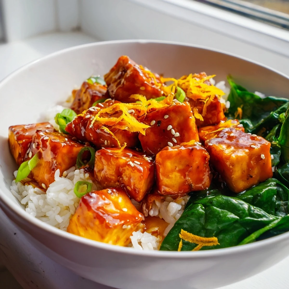 Sticky orange ginger tofu vegan bowl topped with sautéed greens toasted sesame seeds and fresh spring onion garnish