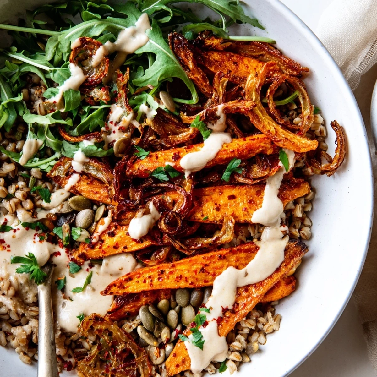 Creamy tahini dressing drizzled over a roasted carrot farro grain bowl with golden crispy shallots