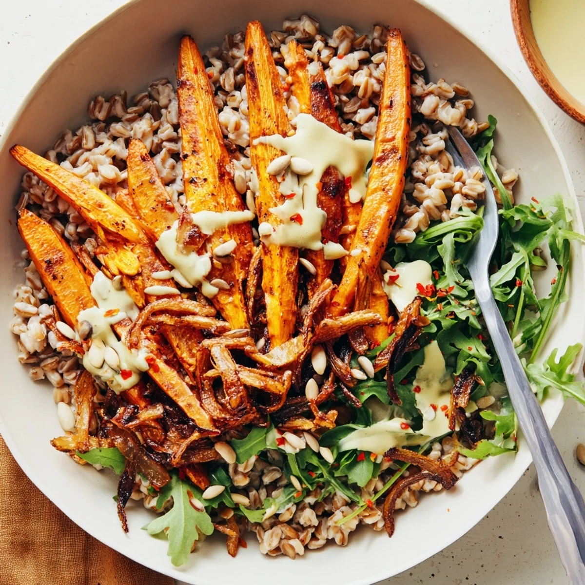 Warm roasted carrot farro grain bowl topped with caramelized carrots, crispy shallots, and pumpkin seeds
